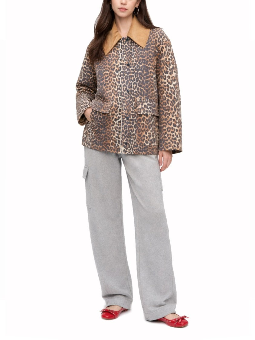Ganni Leopard Print Hemp-Blend Midi Jacket