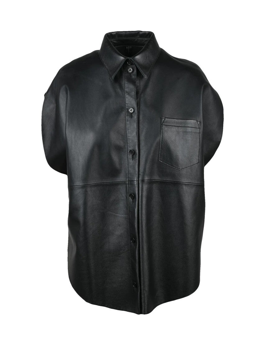 Mm6 By Maison Margiela Black Leather Shirt With Round Cut And Modern Silhouette