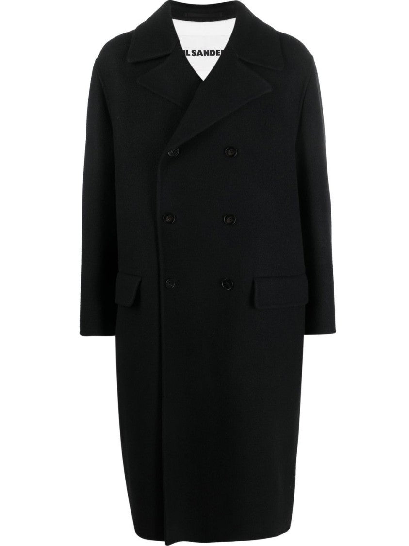 Jil Sander Double-Breasted Long Coat In Black Virgin Wool