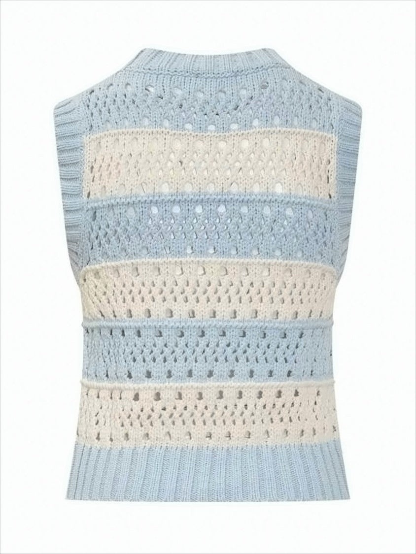 Ganni Crochet-Patterned Sleeveless Knit Vest With Bold Lettering
