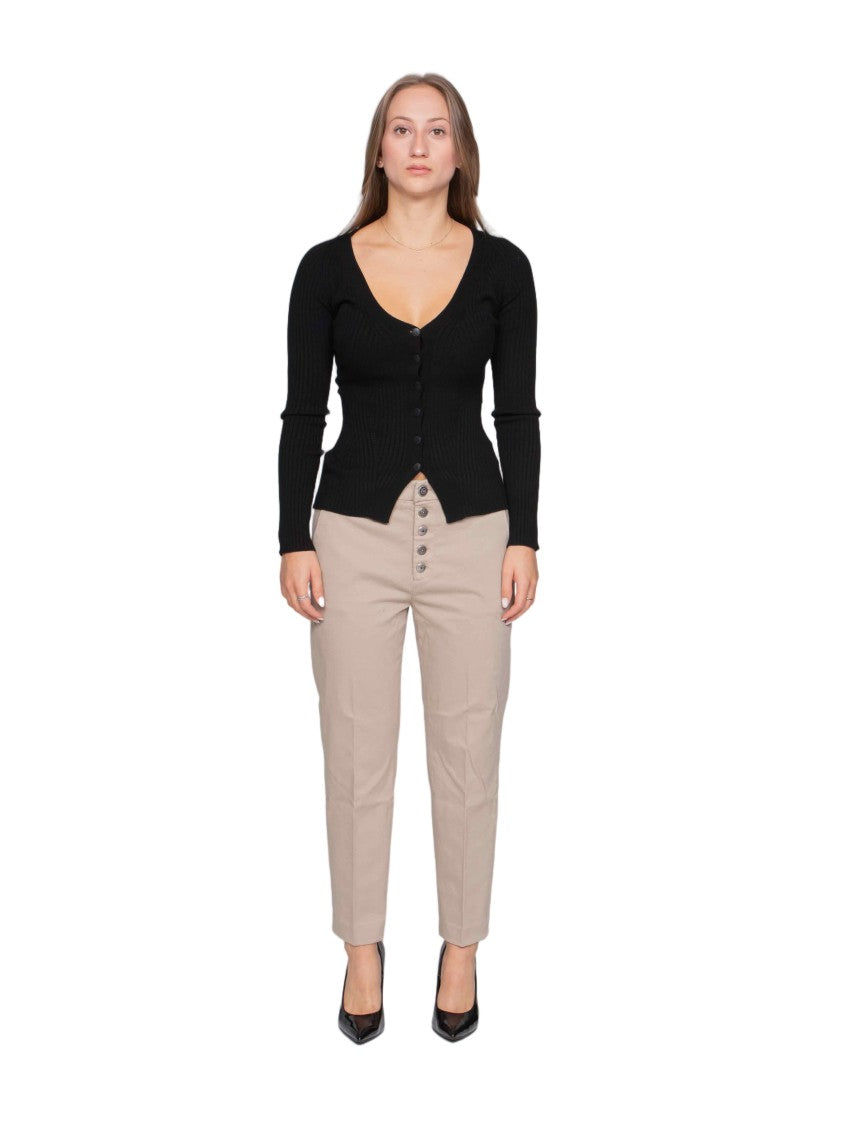 Dondup Fitted Ribbed Cardigan With Deep V-Neckline And Asymmetrical Hemline