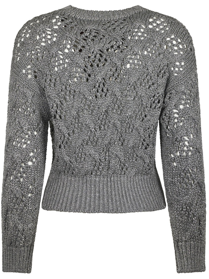 Max Mara Cropped Grey Open-Knit Sweater With Metallic Finish