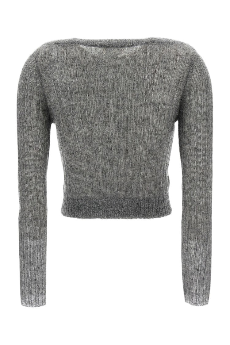 Shushu/Tong Grey Beaded Floral Wool-Blend Cardigan