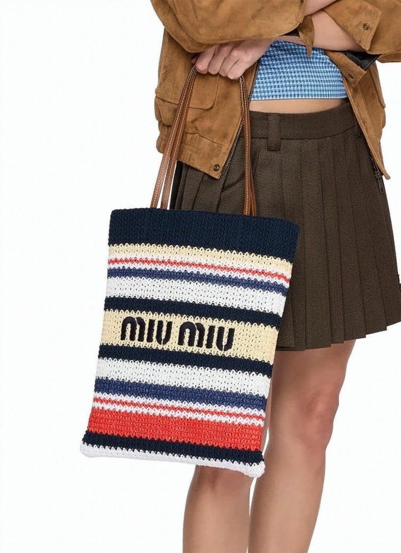 Miu Miu Textured Knit Shoulder Bag With Bold Logo Detail