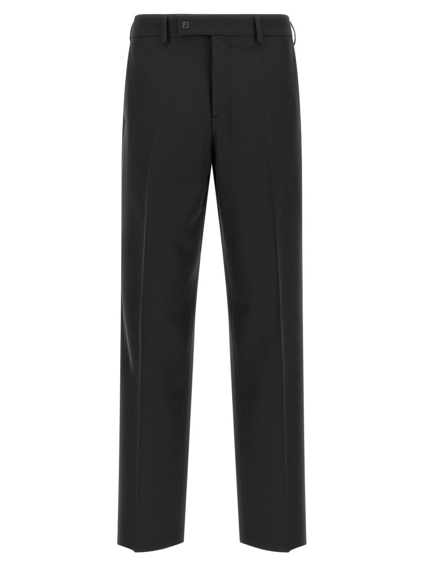 Fendi Straight Leg Wool Gabardine Trousers With Pleat And Logo Closure
