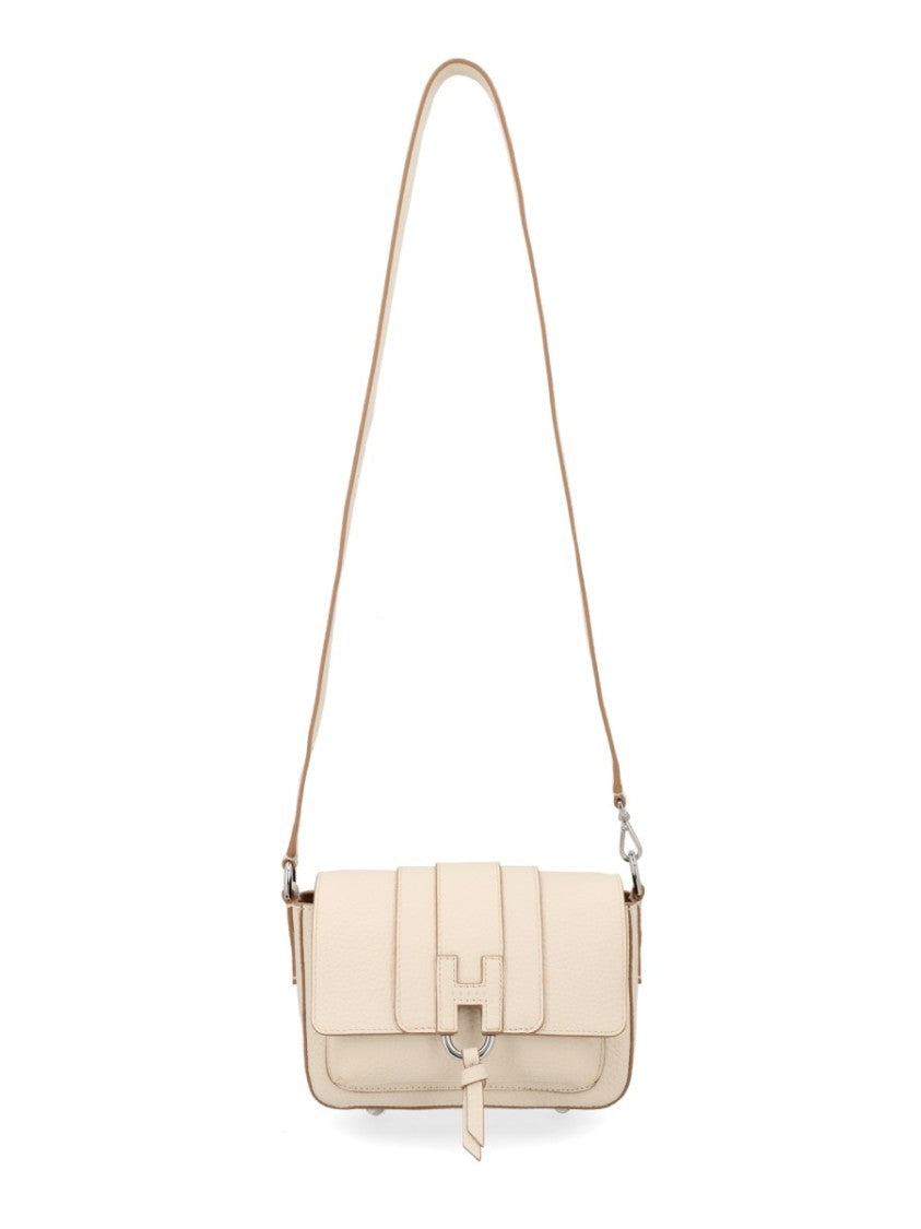 Hogan Neutrals Flap Ring Accent Calf Leather Shoulder Bag