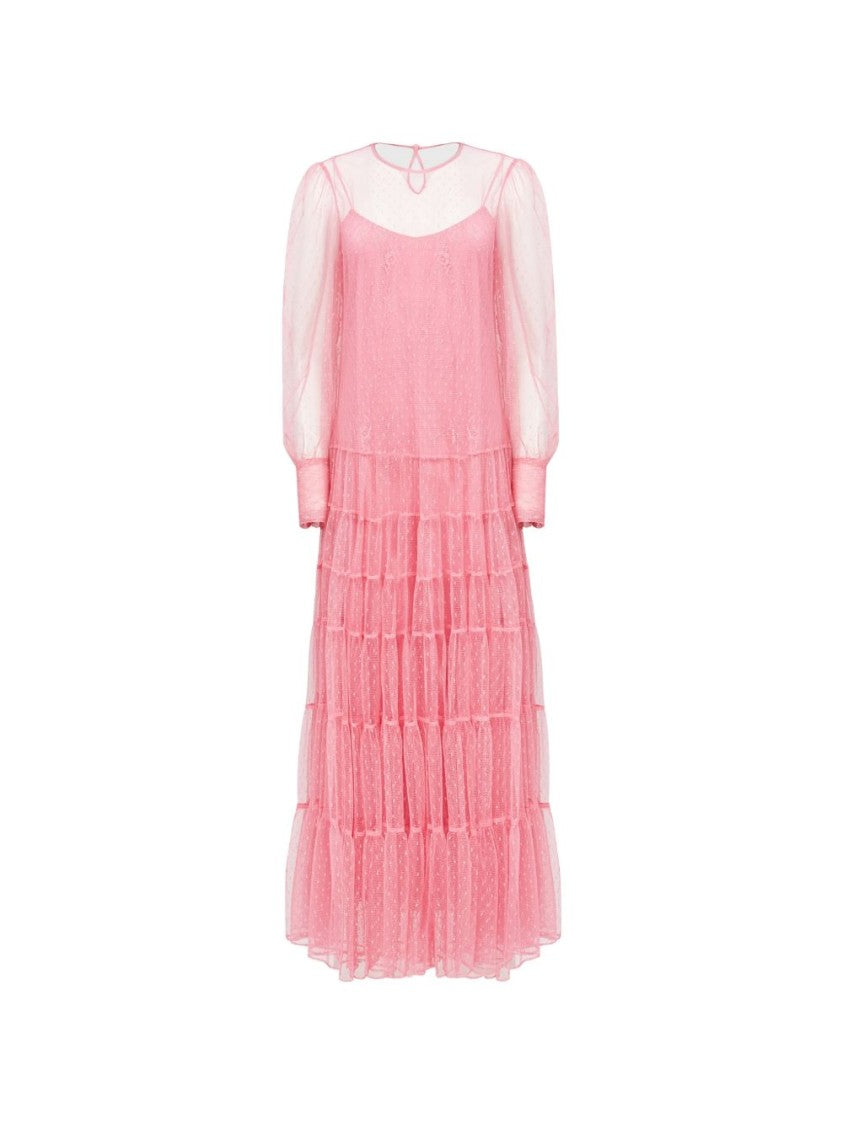 Twin-Set Tiered Midi Dress With Sheer Puff Sleeves
