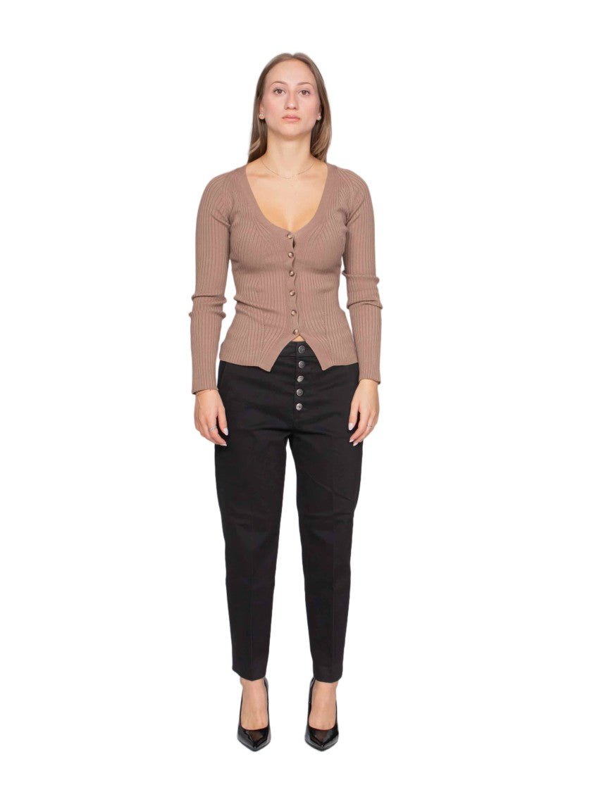 Dondup Fitted Brown Ribbed Knit Cardigan With Button Front