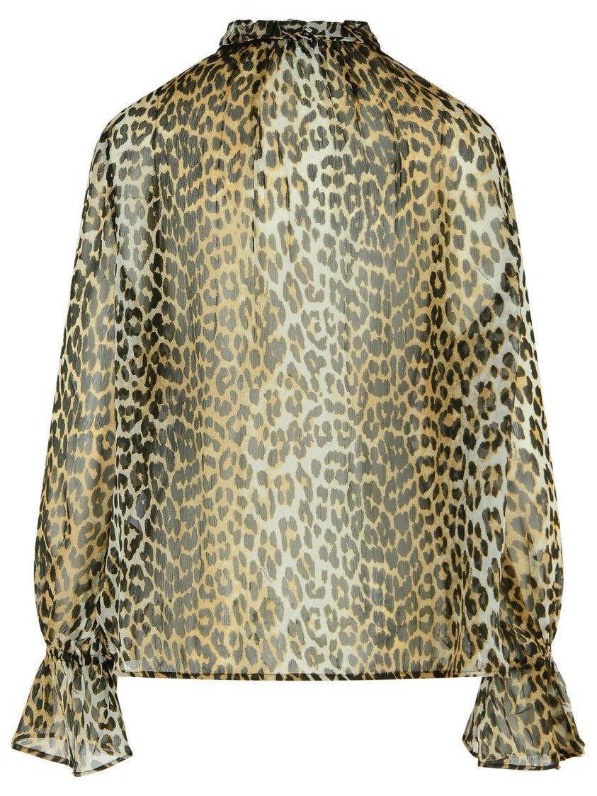 Ganni Leopard Print Viscose Shirt With Flared Hem