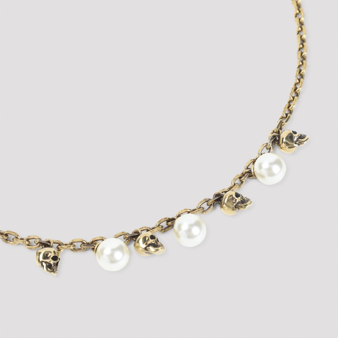 Alexander Mcqueen Brass And Pearl Necklace With Skull Charms