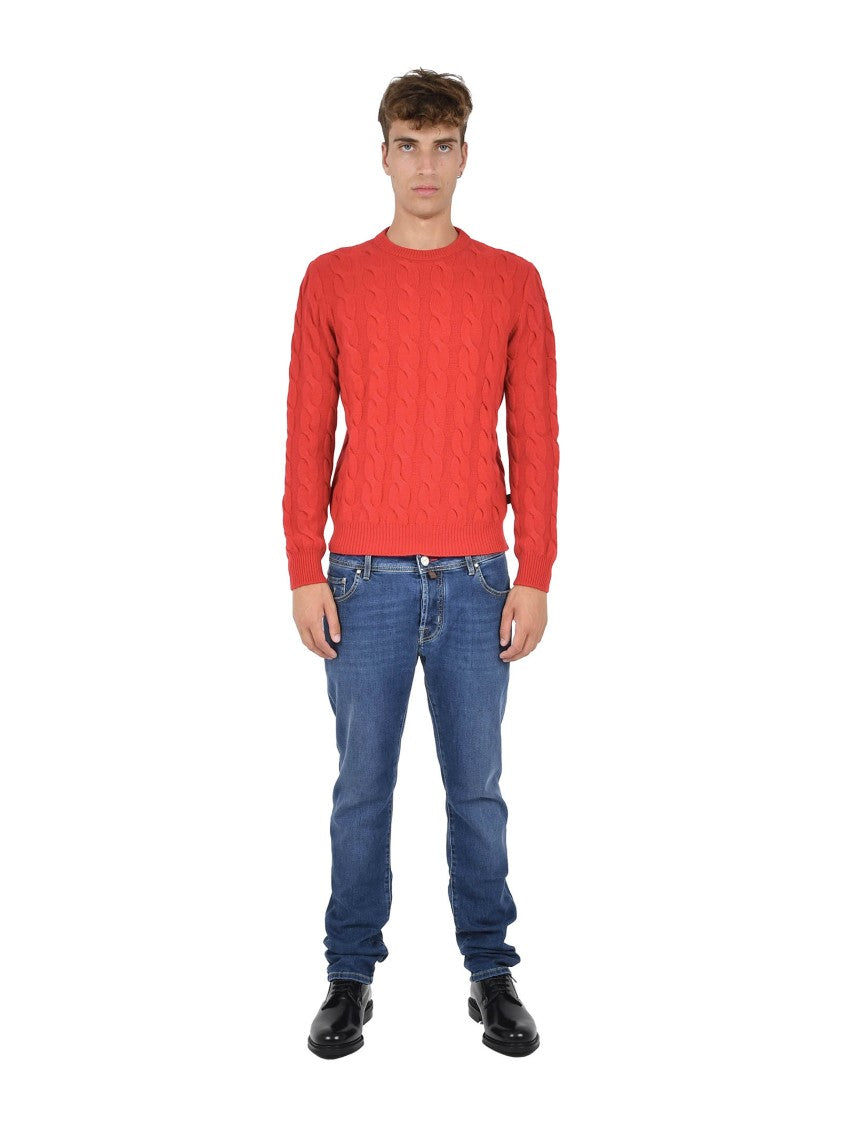 Jacob Cohen Red Cashmere Cable Knit Crew Neck Sweater