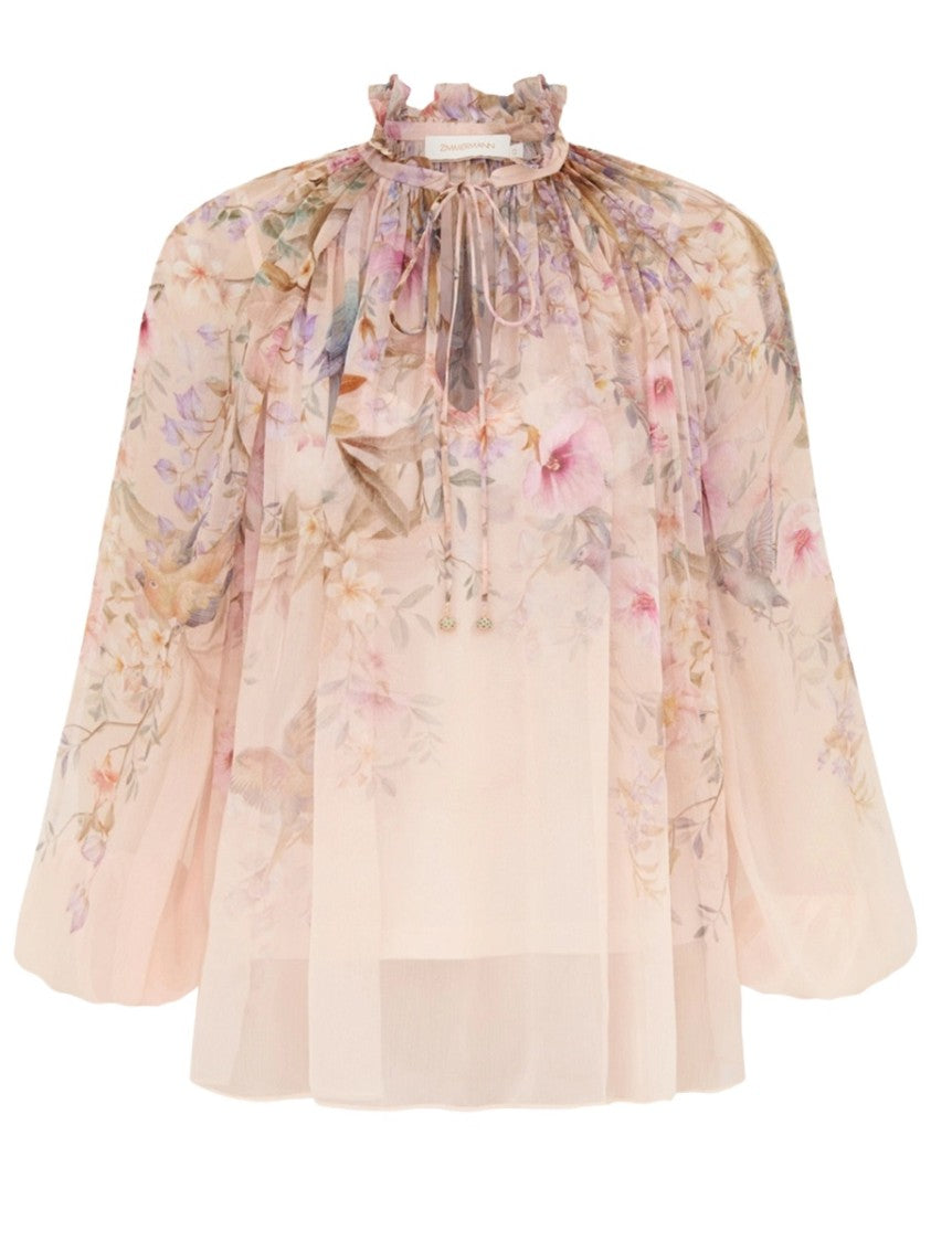 Zimmermann Neutrals Billow Rebellion Sheer Floral Blouse
