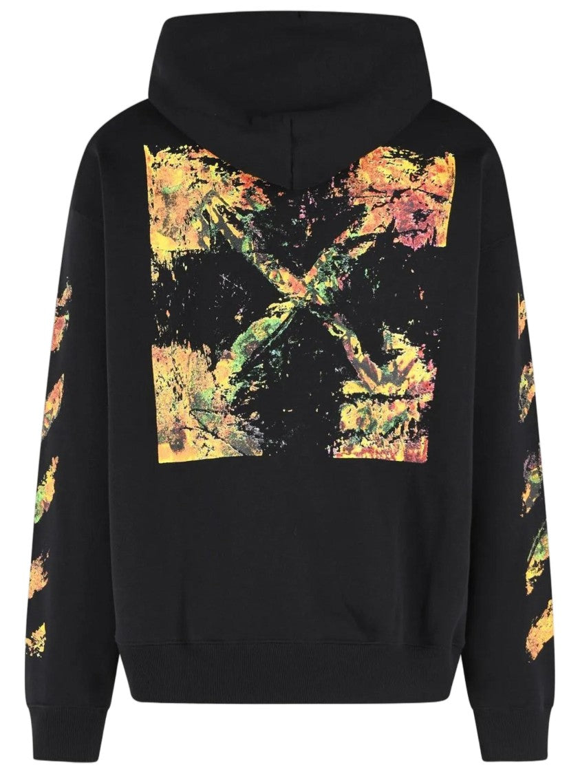 Off-White Cotton Sweatshirt With Adjustable Drawstring Hood And Graphic Prints