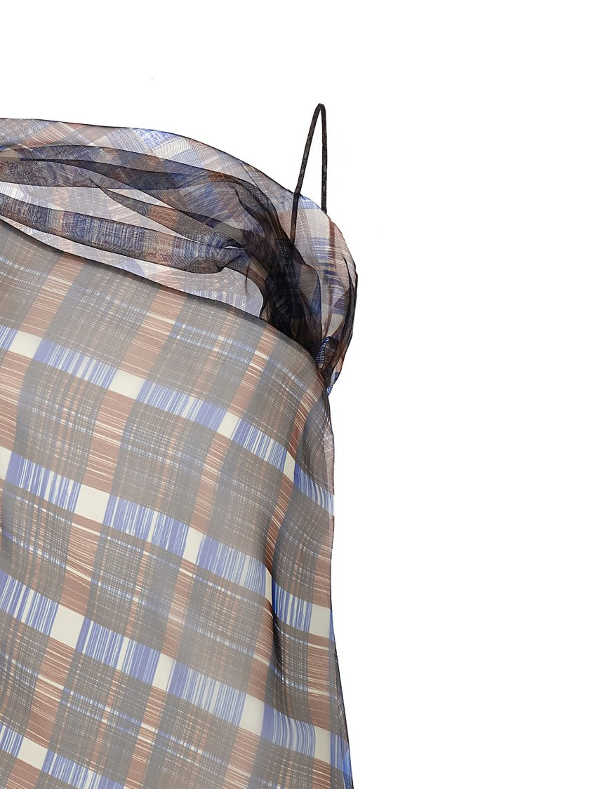 Ferragamo Asymmetrical Organza Dress With Delicate Check Print