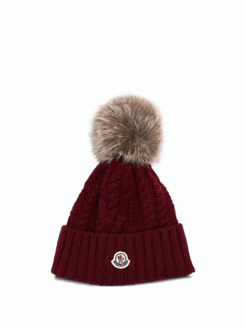 Moncler Knitted Beanie With Cable Knit Design And Fluffy Pom-Pom