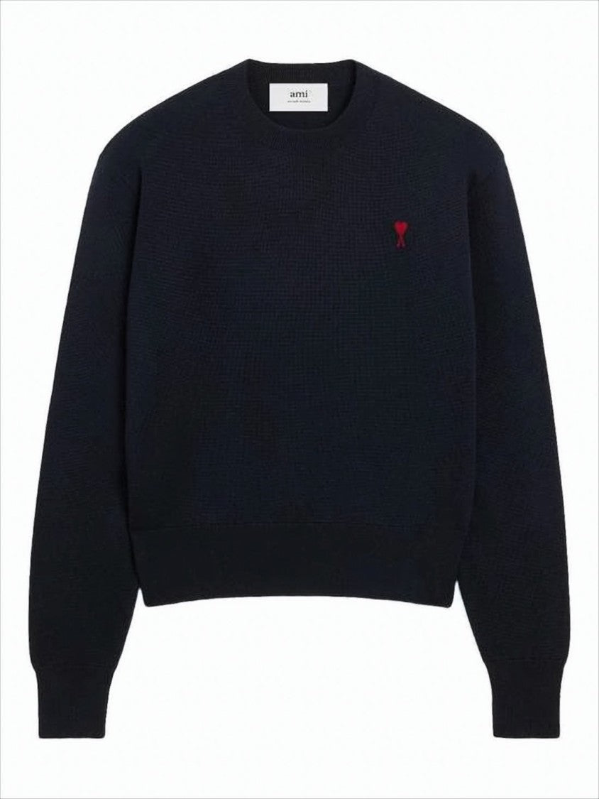 Ami Classic Crewneck Wool Sweater With Subtle Heart Emblem