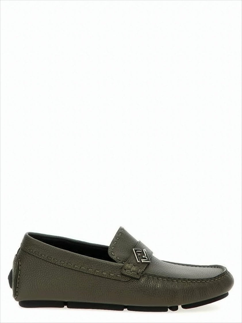Fendi Textured Calf Leather Loafers With Metallic Logo Detail