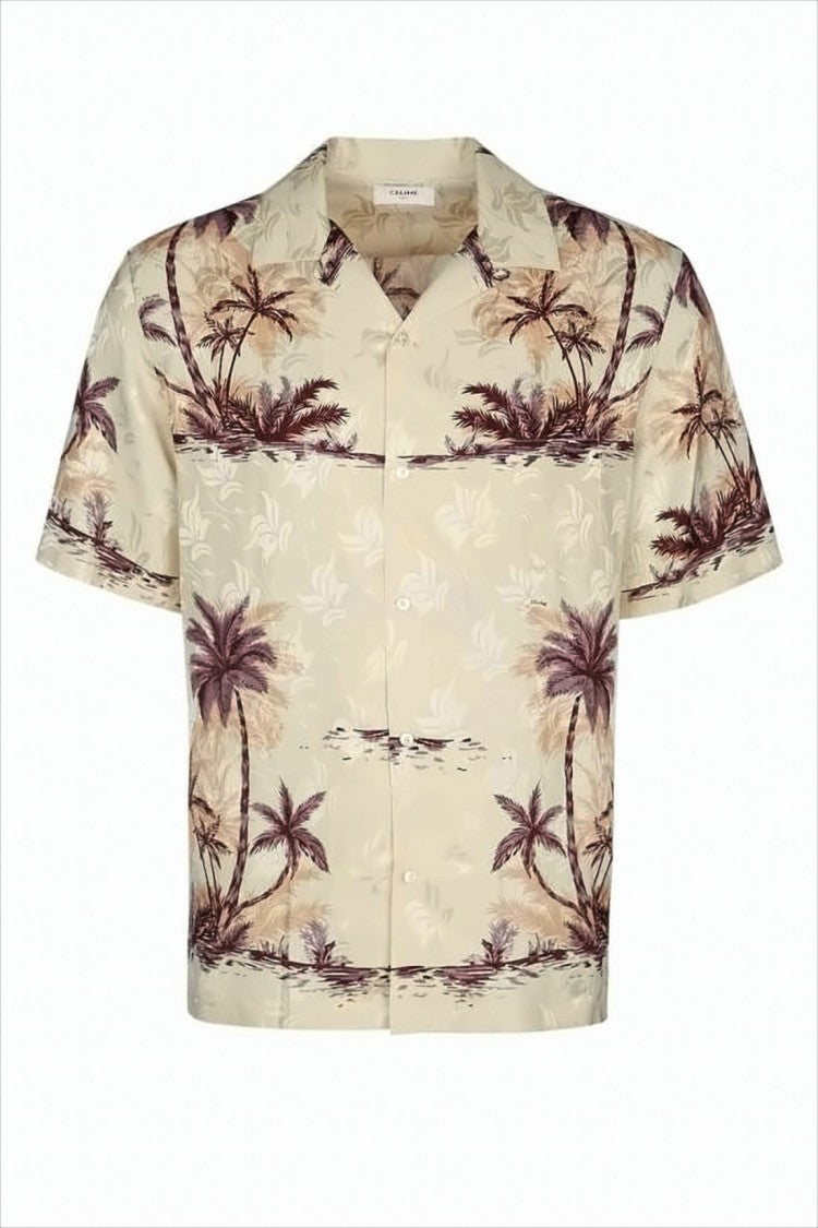 Celine Tropical Palm Print Silk Short-Sleeve Shirt