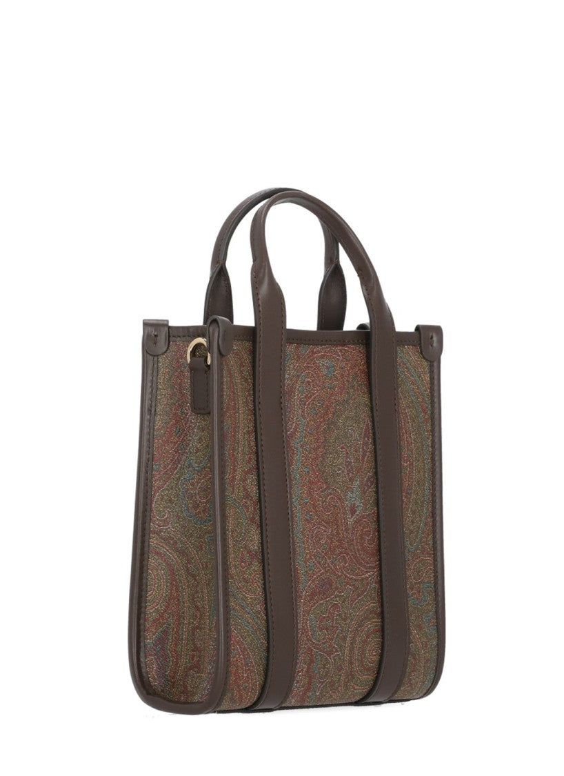 Etro Brown Paisley Print Leather-Trim Top-Handle Bag