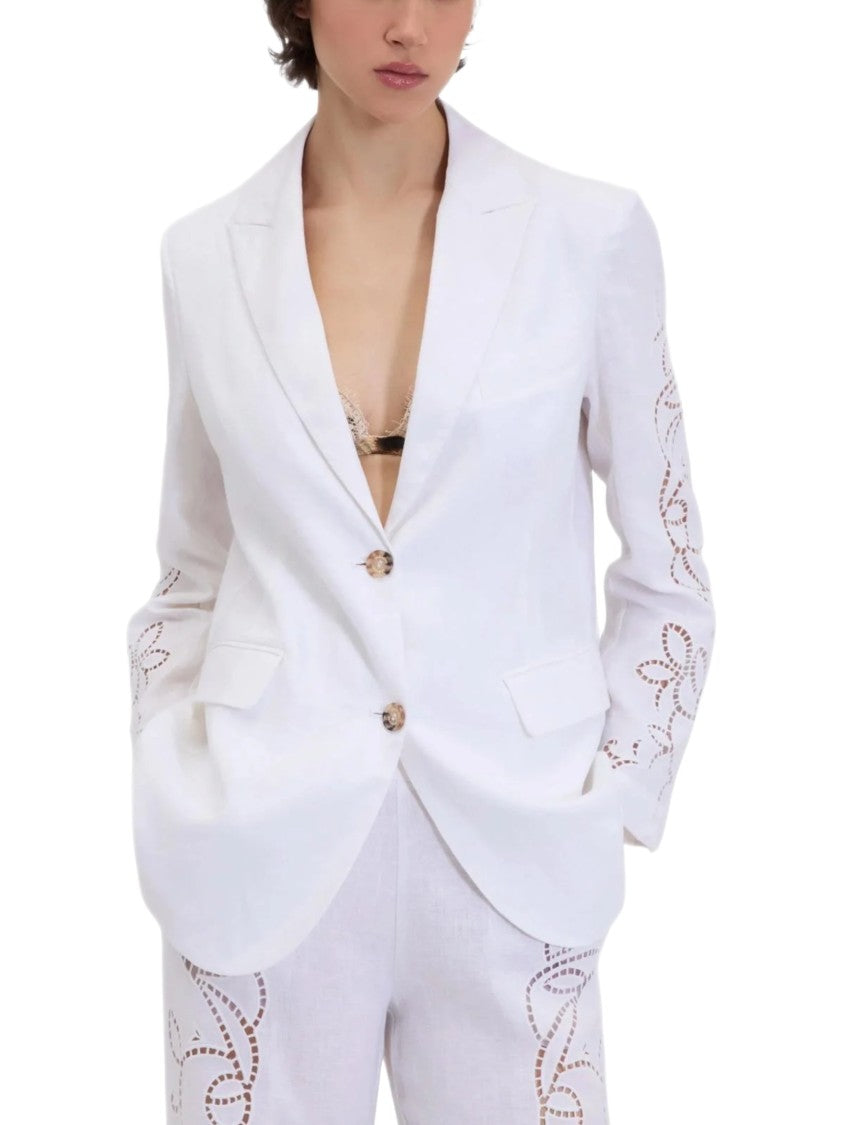 Ermanno Firenze Single-Breasted Linen Blazer With San Gallo Embroidery
