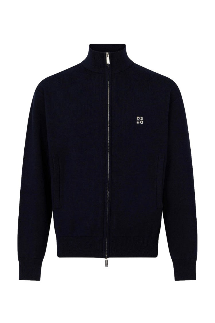 Dsquared2 Navy High Collar D2 Logo Viscose-Blend Zip-Through Knit