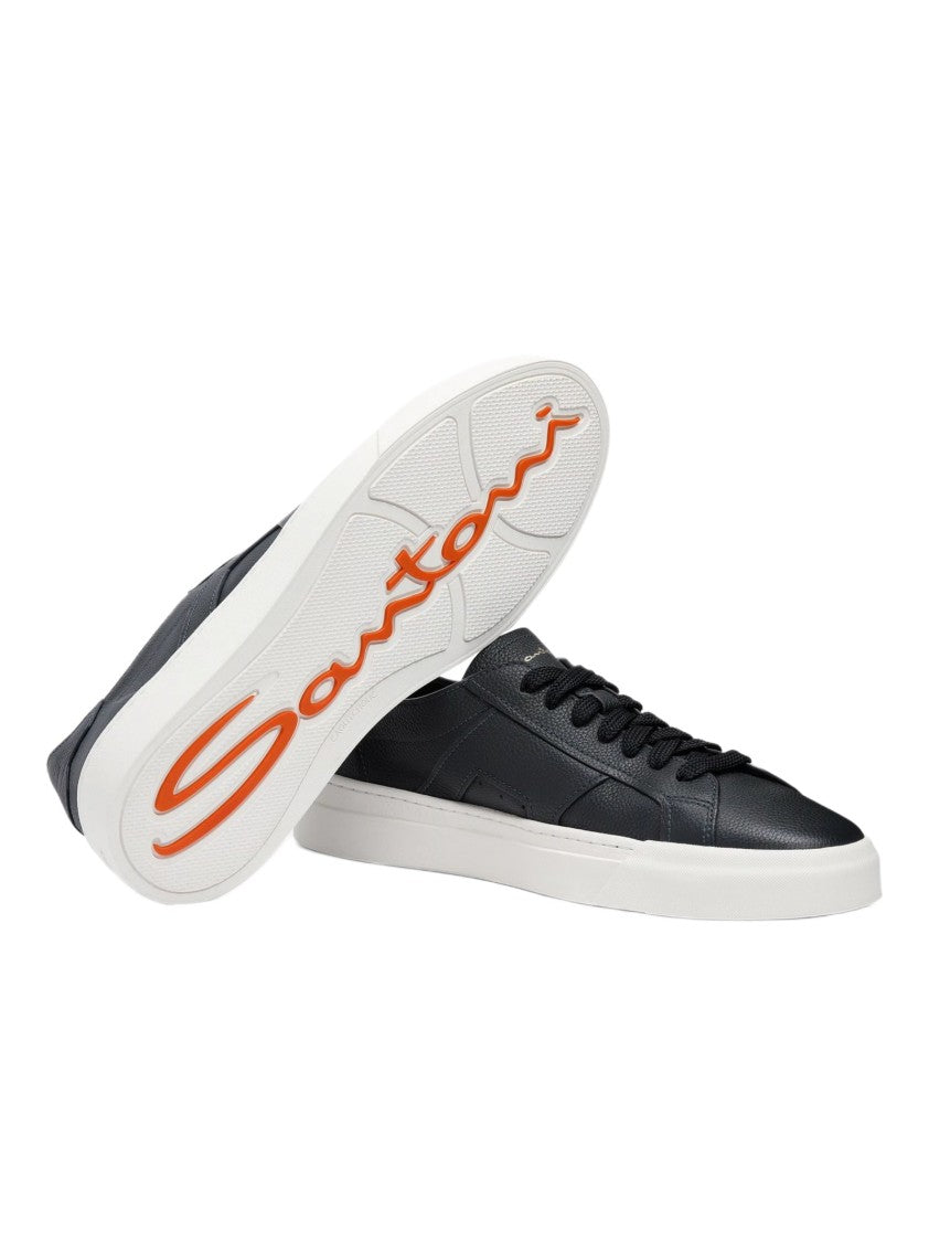 Santoni Low-Top Black Leather Sneakers With Gold Accents