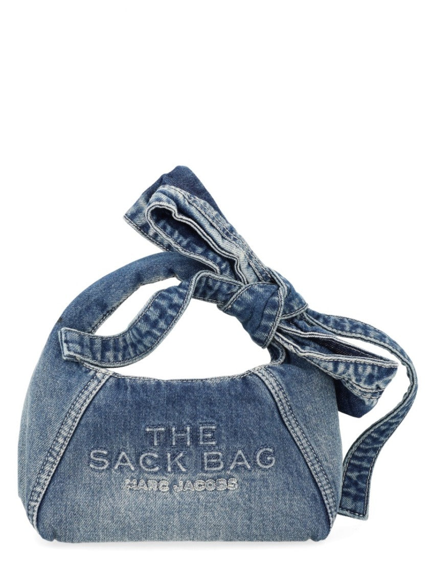 Marc Jacobs Denim Mini Sack Handbag With Bow Detail And Embroidered Accents