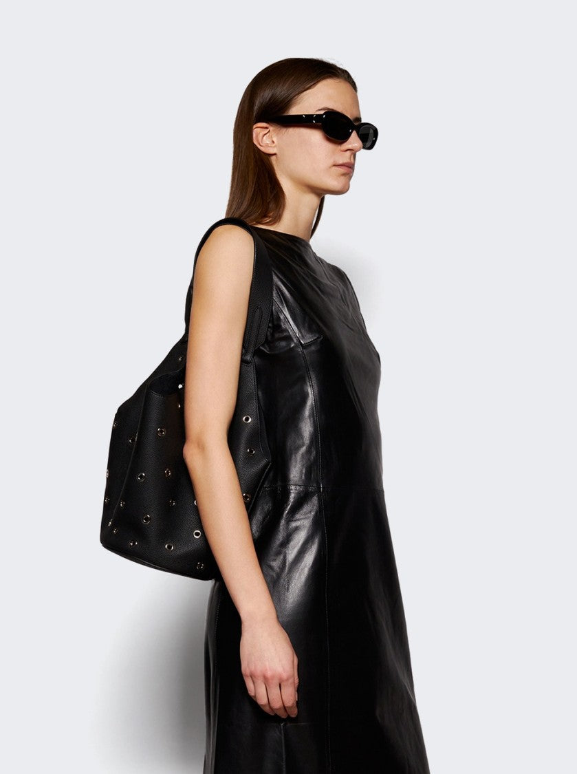 Khaite Lotus Small Tote Black Pebbled Leather With Grommets