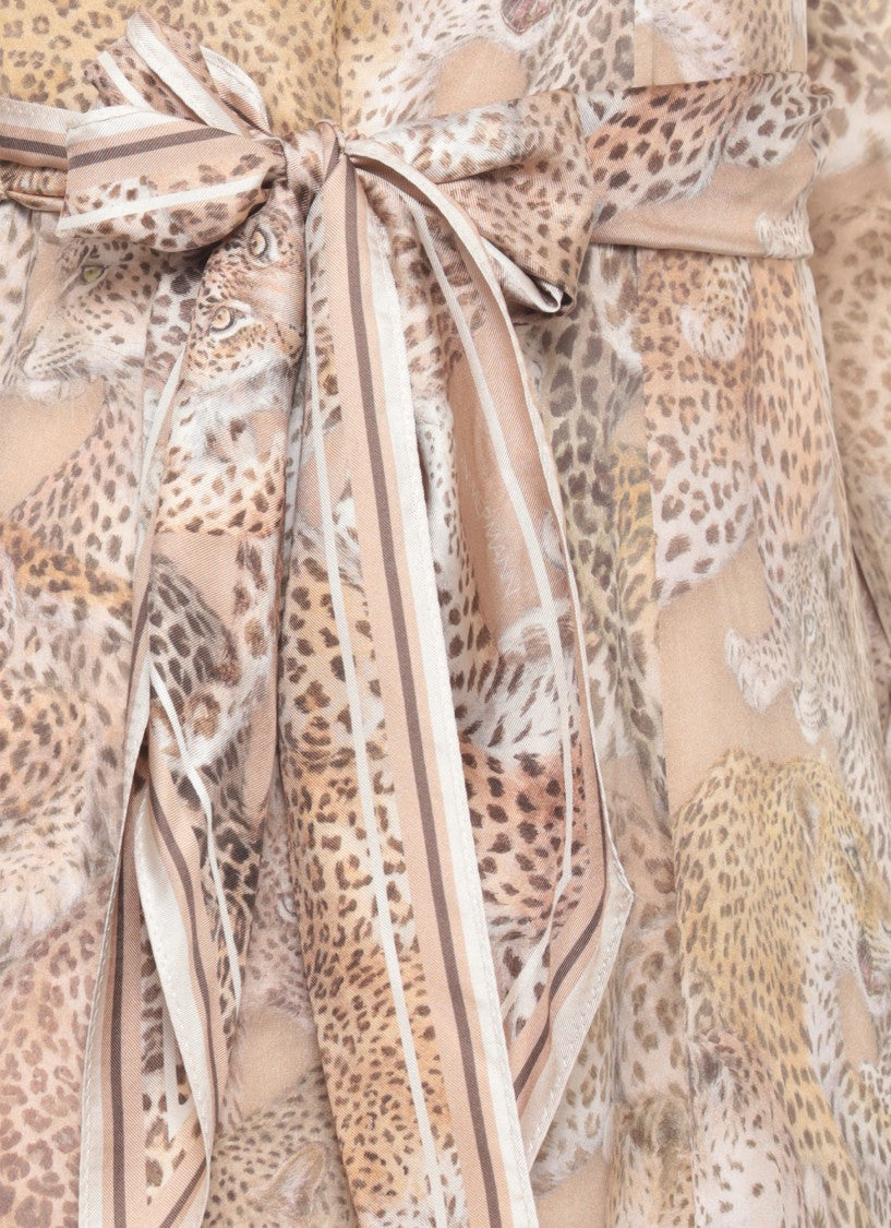 Zimmermann Animal Print Midi Dress With Puffed Sleeves And Matching Belt