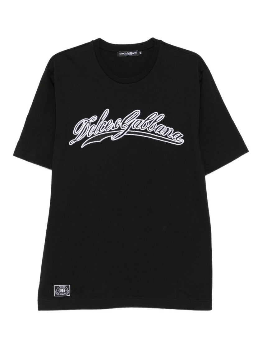Dolce & Gabbana Black Crew Neck T-Shirt With Logo Embroidery