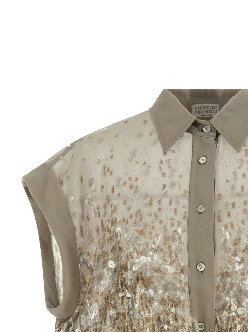 Brunello Cucinelli Organza Short-Sleeved Shirt With Sequin Embroidery And Fringed Hem