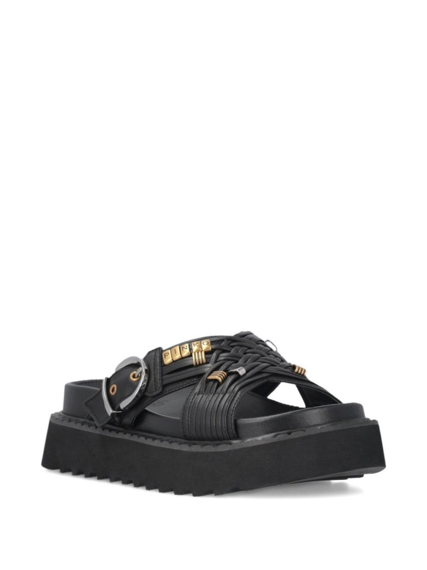 Pinko Woven Black Sandals With Gold-Tone Accents