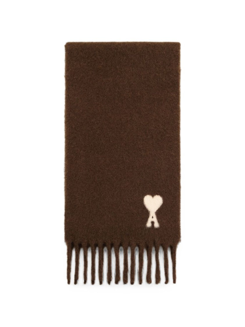 Ami Paris Brown Fringed Silk-Nylon Scarf