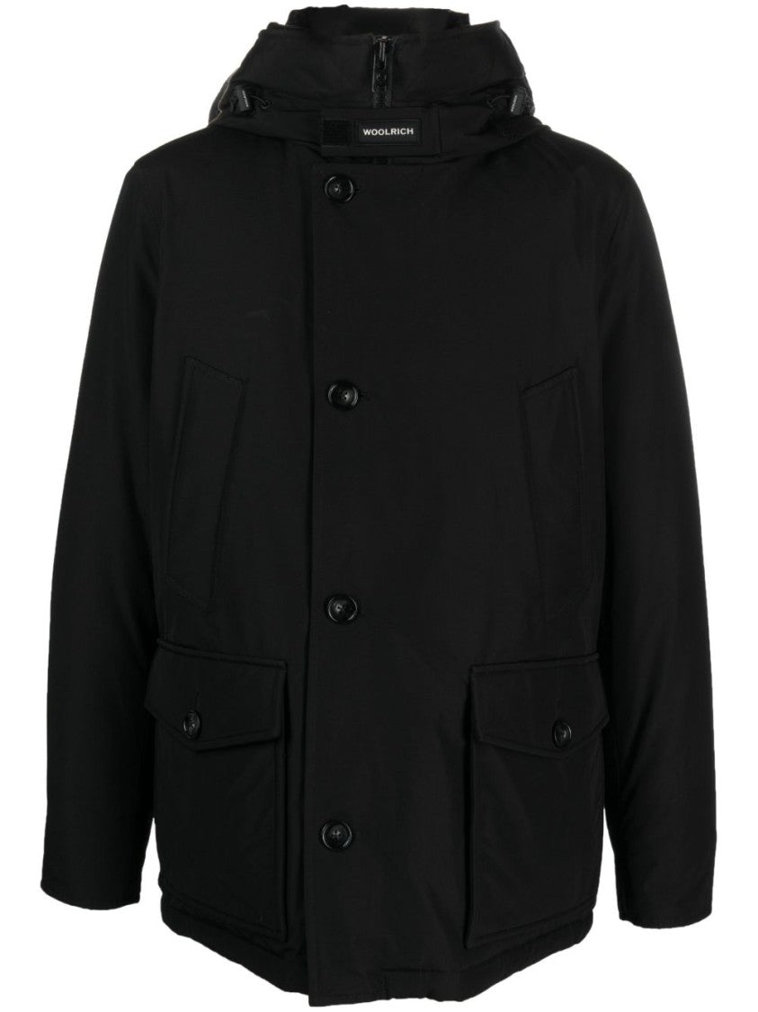 Woolrich Padded Jet Black Parka With Logo Print And Drawstring Hood