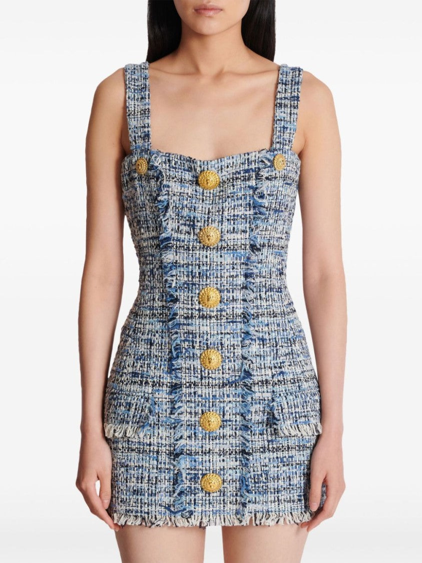 Balmain Blue Grey Tweed Button Detail Dress