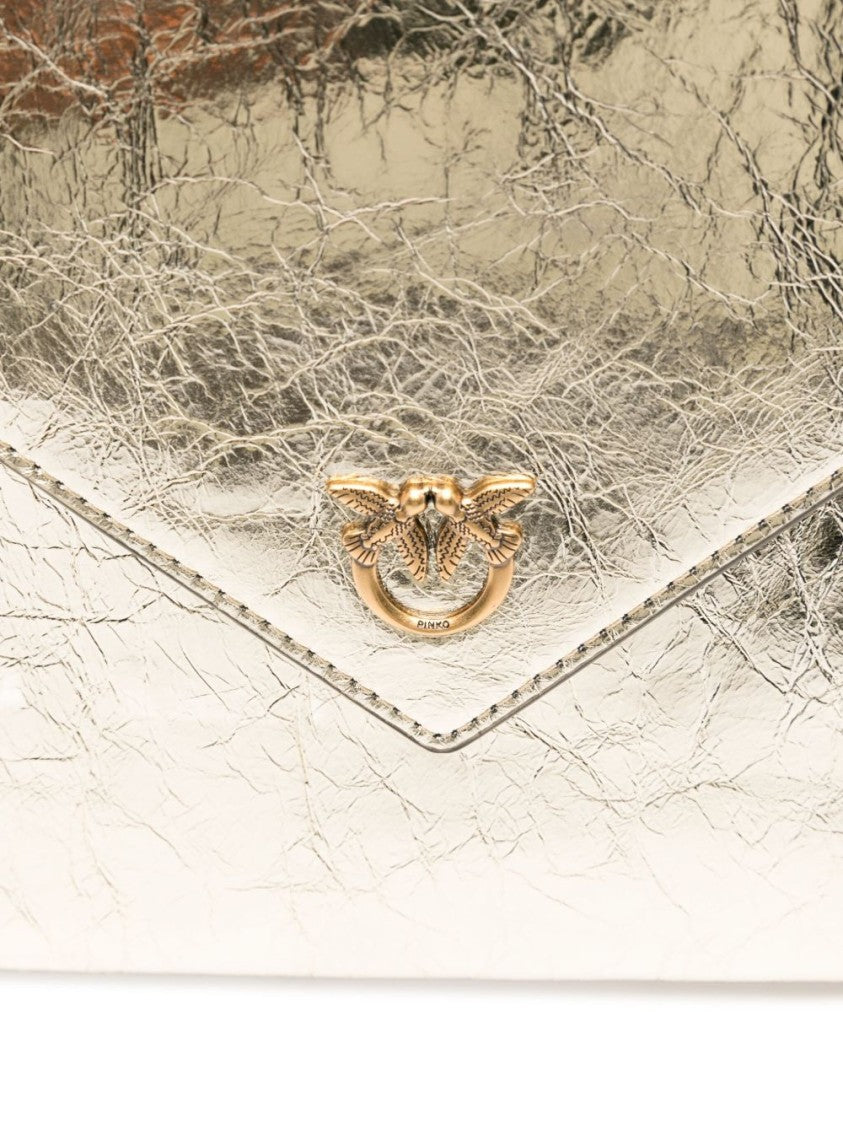 Pinko Gold-Tone Metallic Leather Flap Wallet With Chain Strap