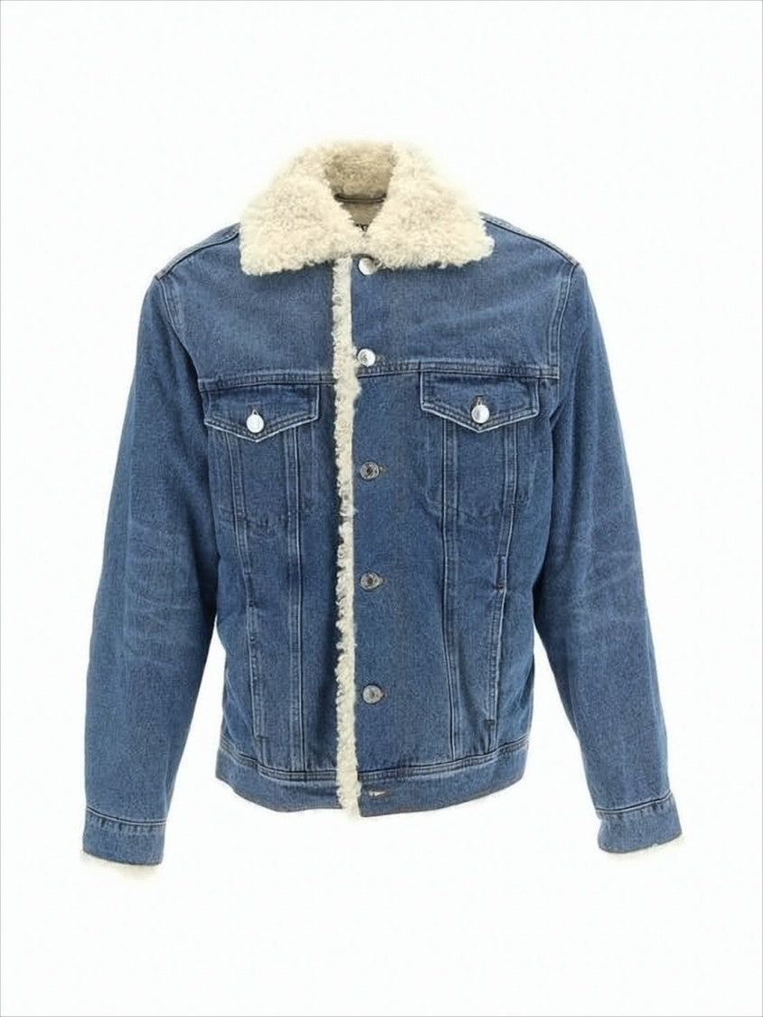 Ami Paris Medium Blue Wash Denim Jacket With Shearling Trim