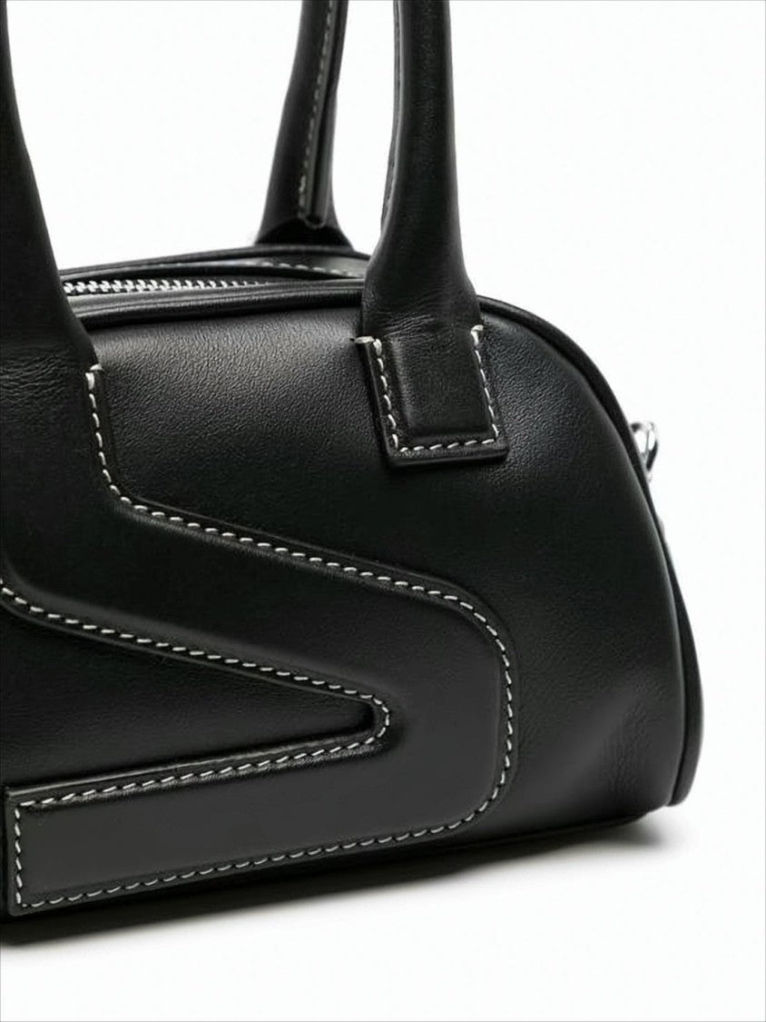 Yuzefi Structured Black Leather Tote Bag With Zigzag Stitching