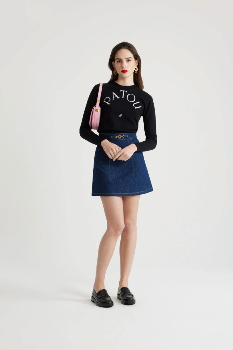 Patou Black Merino Wool Blend Jumper With Jacquard Logo