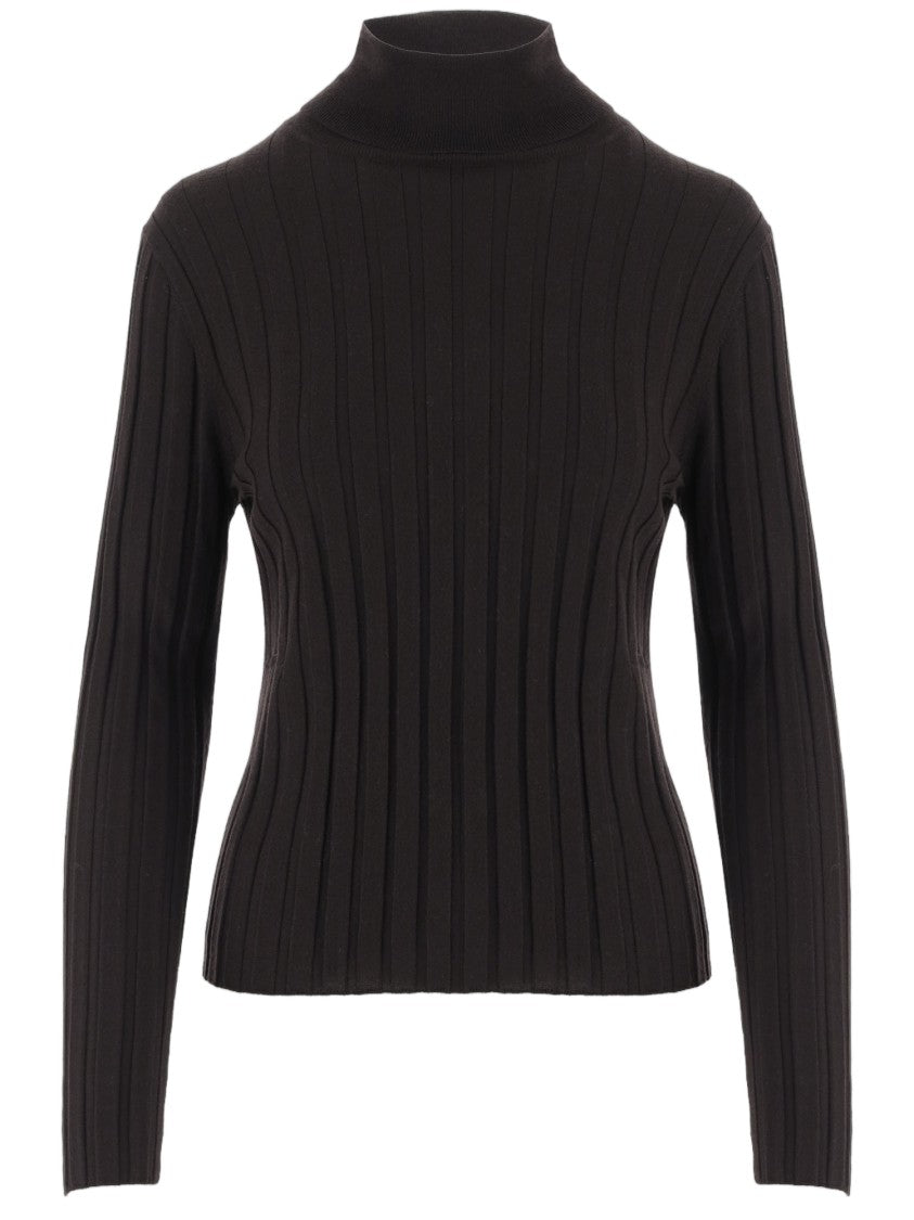 Allude Dark Brown High Neck Ribbed Knit Wool Sweater