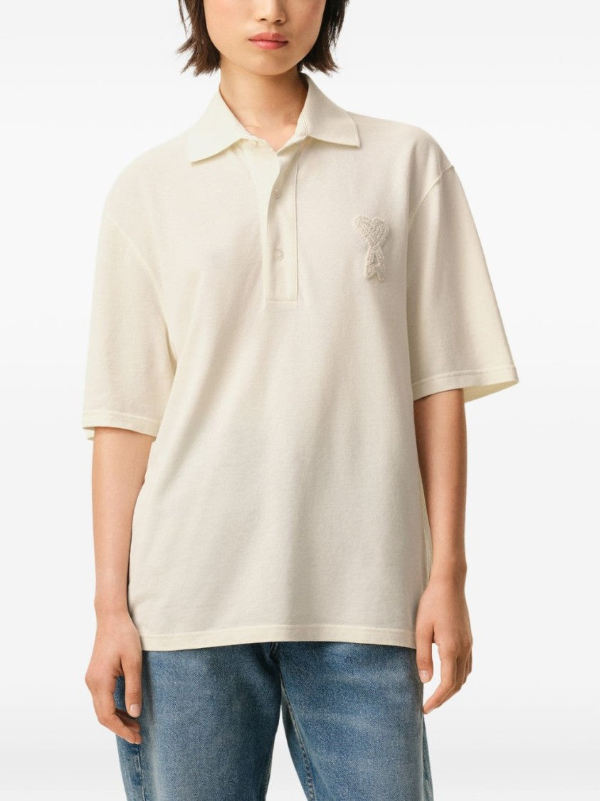 Ami Paris White Cream Piqué Knit Boxy Polo