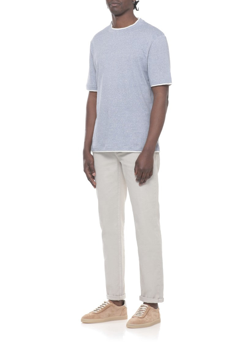 Brunello Cucinelli Light Blue Trims Cotton-Linen T-Shirt