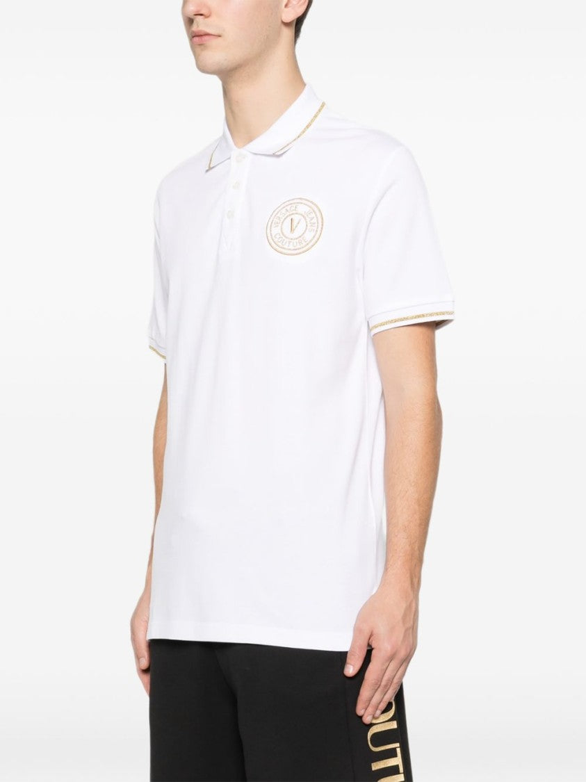 Versace Jeans Couture White Cotton Beige Embellished Polo Shirt