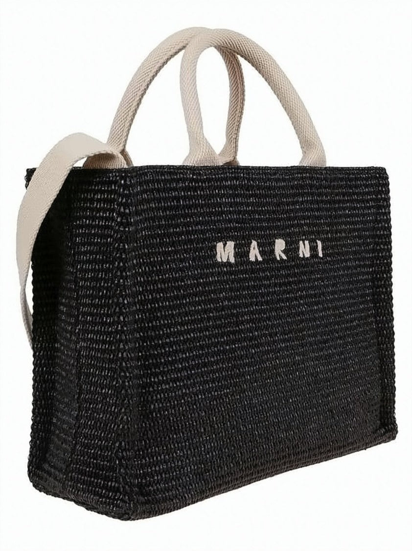 Marni Textured Black Woven Tote Bag With Beige Handles