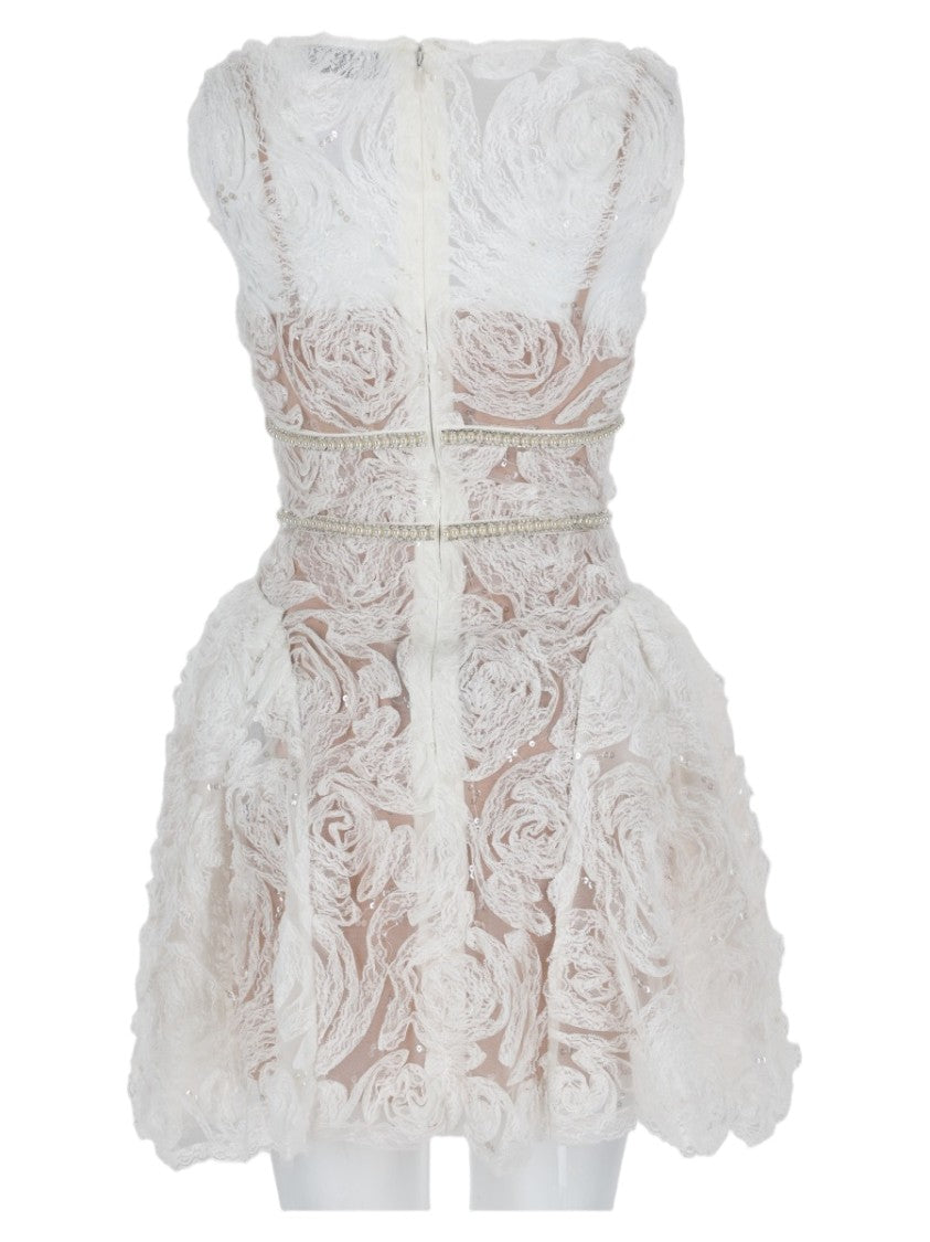 Self-Portrait Lace Overlay Mini Dress With Textured Flared Skirt