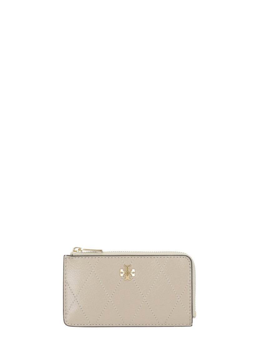 Tory Burch Beige Quilted Leather Gold Logo Card Holder