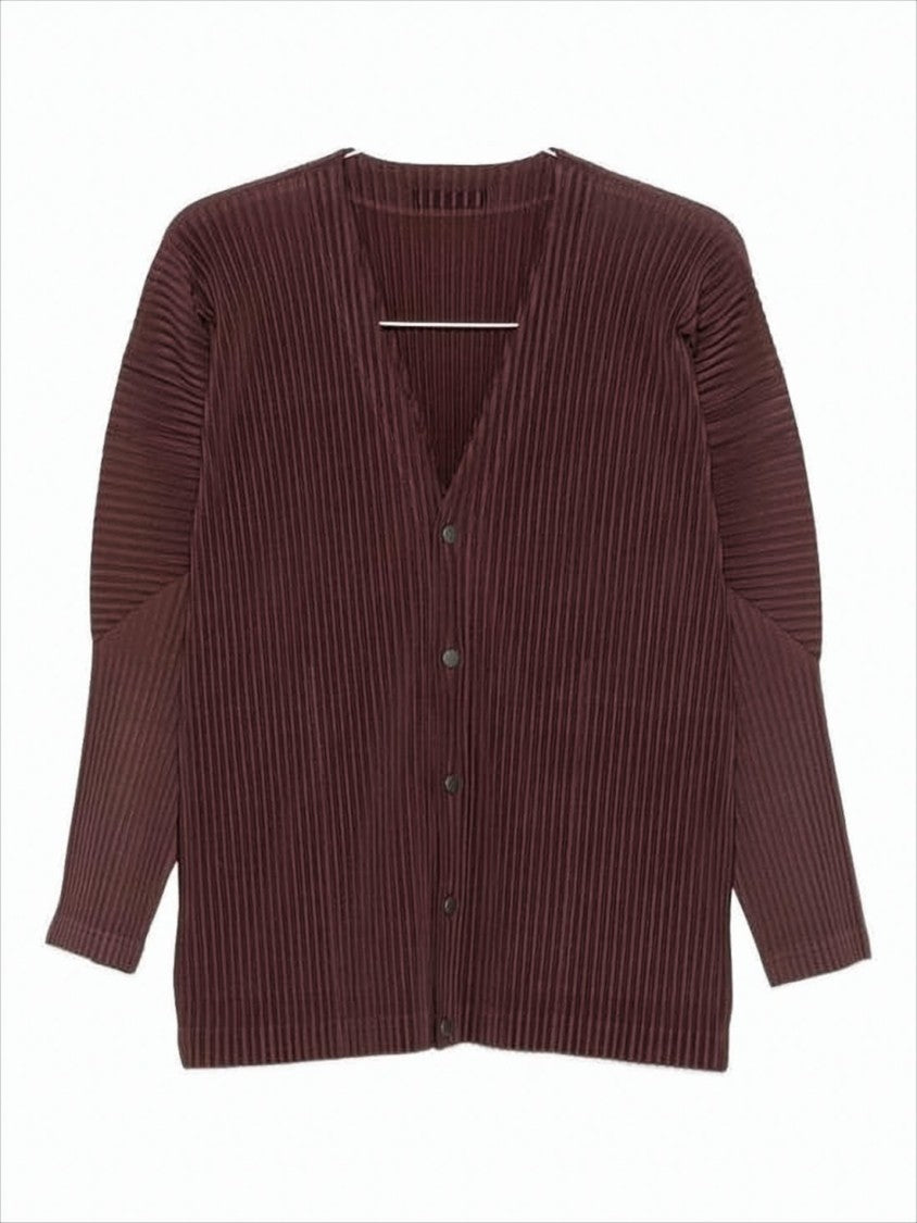 Homme Plissé Issey Miyake Button-Up Textured Cardigan With Deep V-Neckline And Vertical Pleats