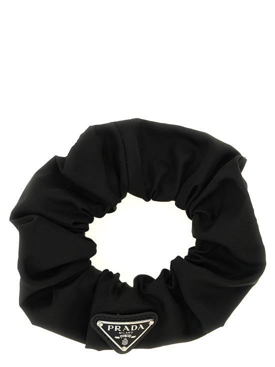 Prada Gathered Fabric Black Scrunchie With Logo Detail