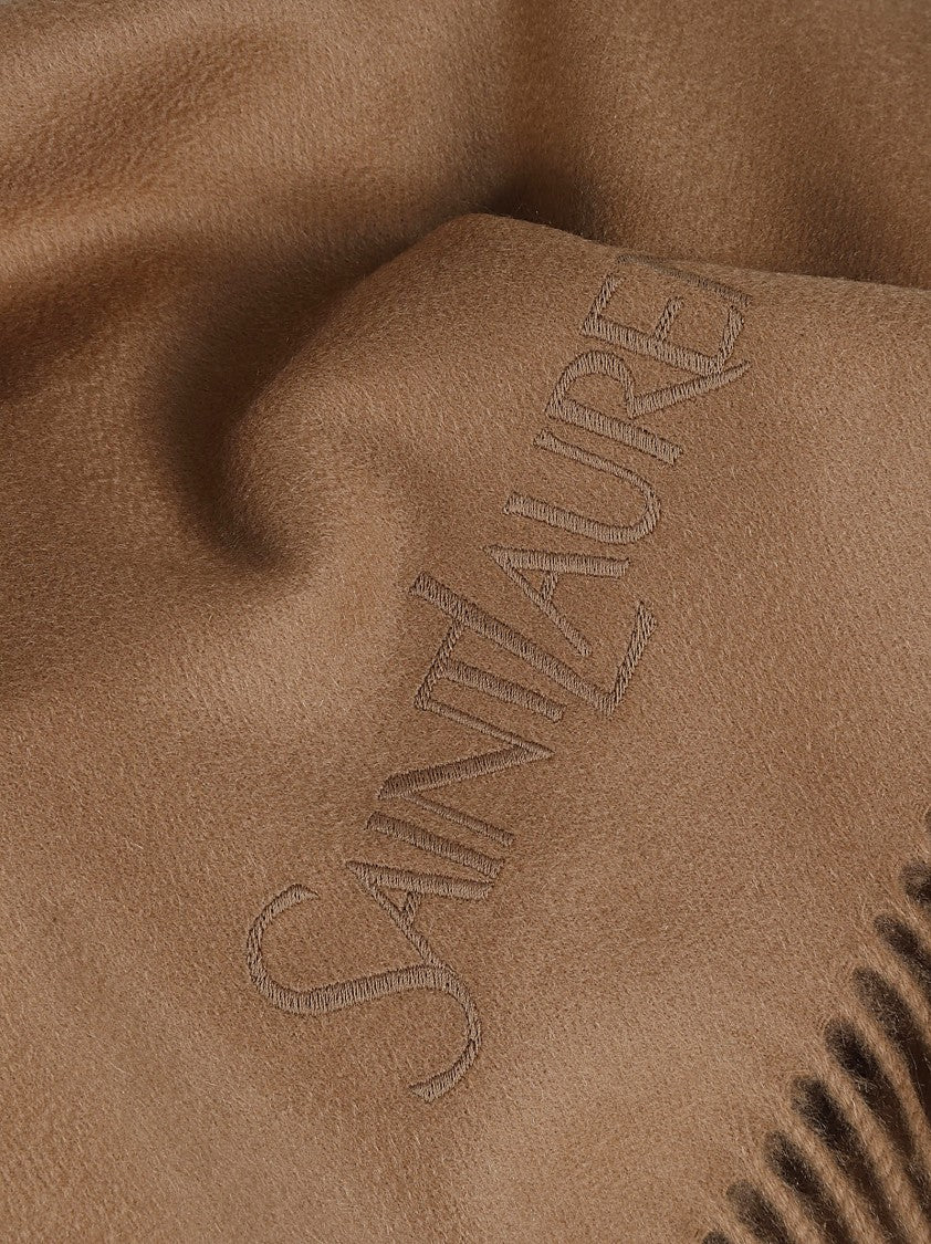 Saint Laurent Delicate Beige Cashmere Scarf With Fringed Edges