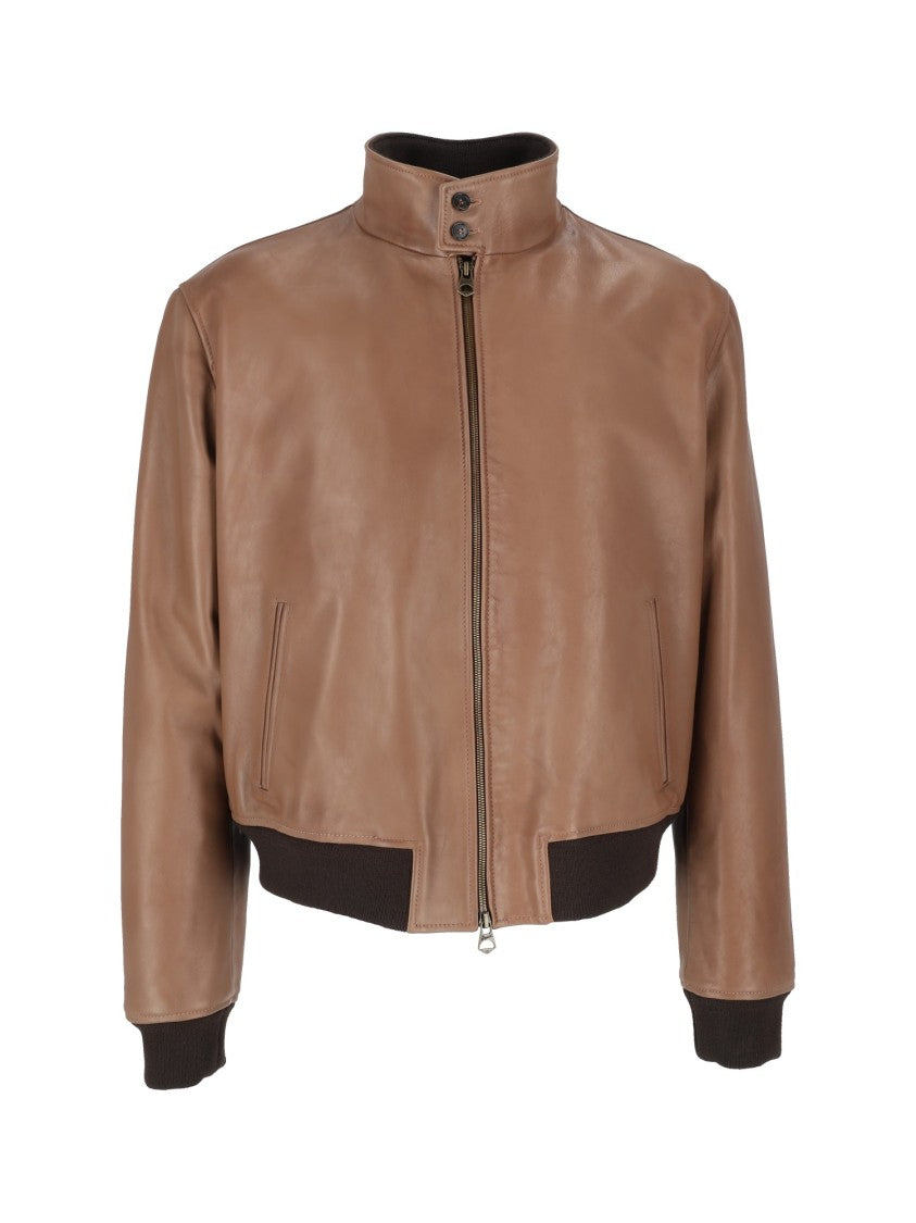 Stewart Brown Leather Jacket With Ribbed Knit Details
